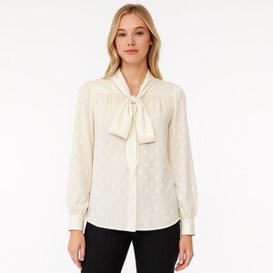 2/$30 Liz Claiborne Jacquard Tie-Neck Long Sleeve Blouse Off-White 12 #8894